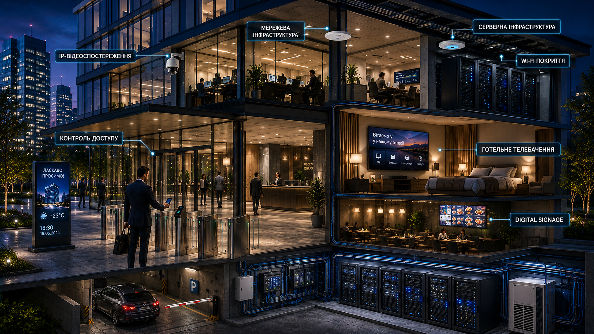Integrated security and IT systems in a modern hotel