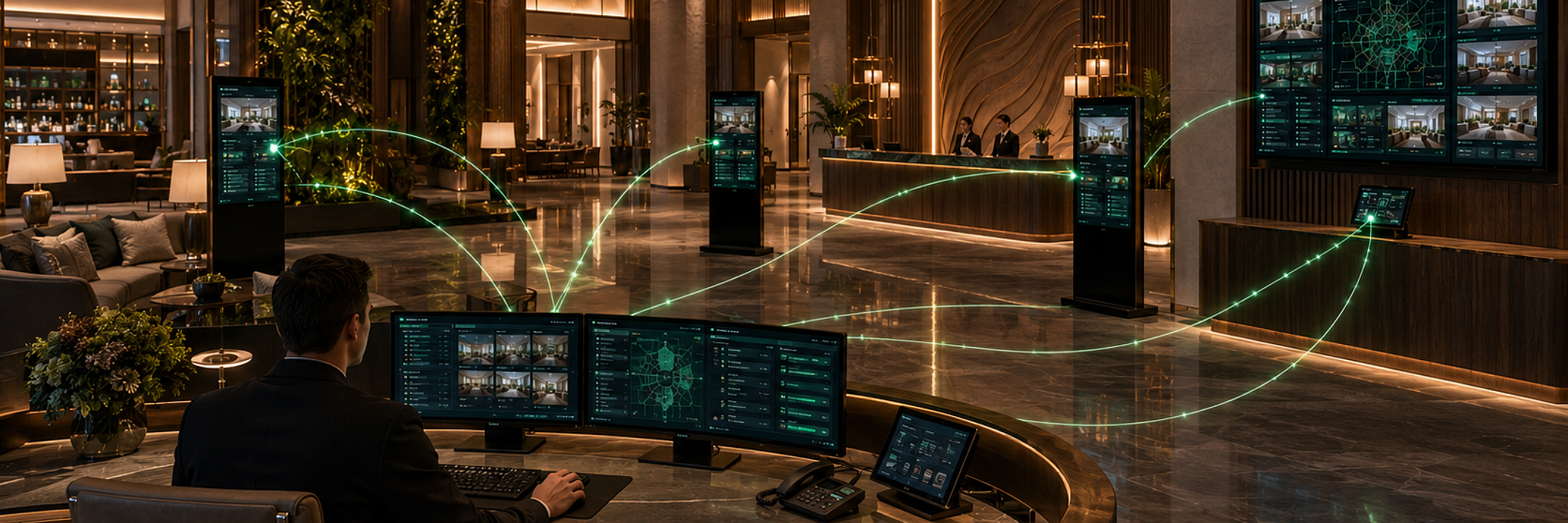 Centralized management of a network of Digital Signage displays in a modern hotel