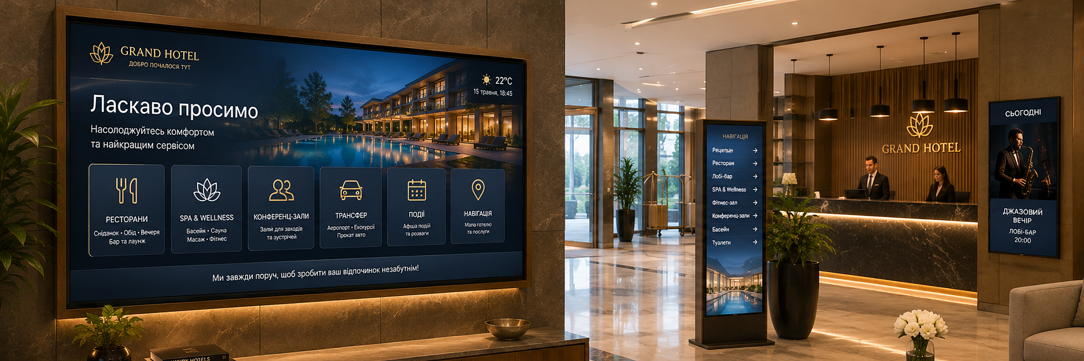 Information displays and wayfinding in a modern hotel lobby
