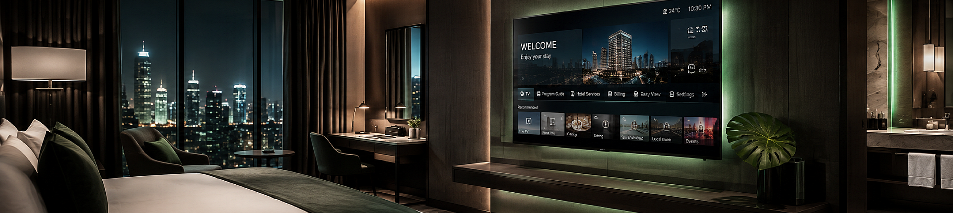 Professional hotel television with a branded interface in a modern guest room
